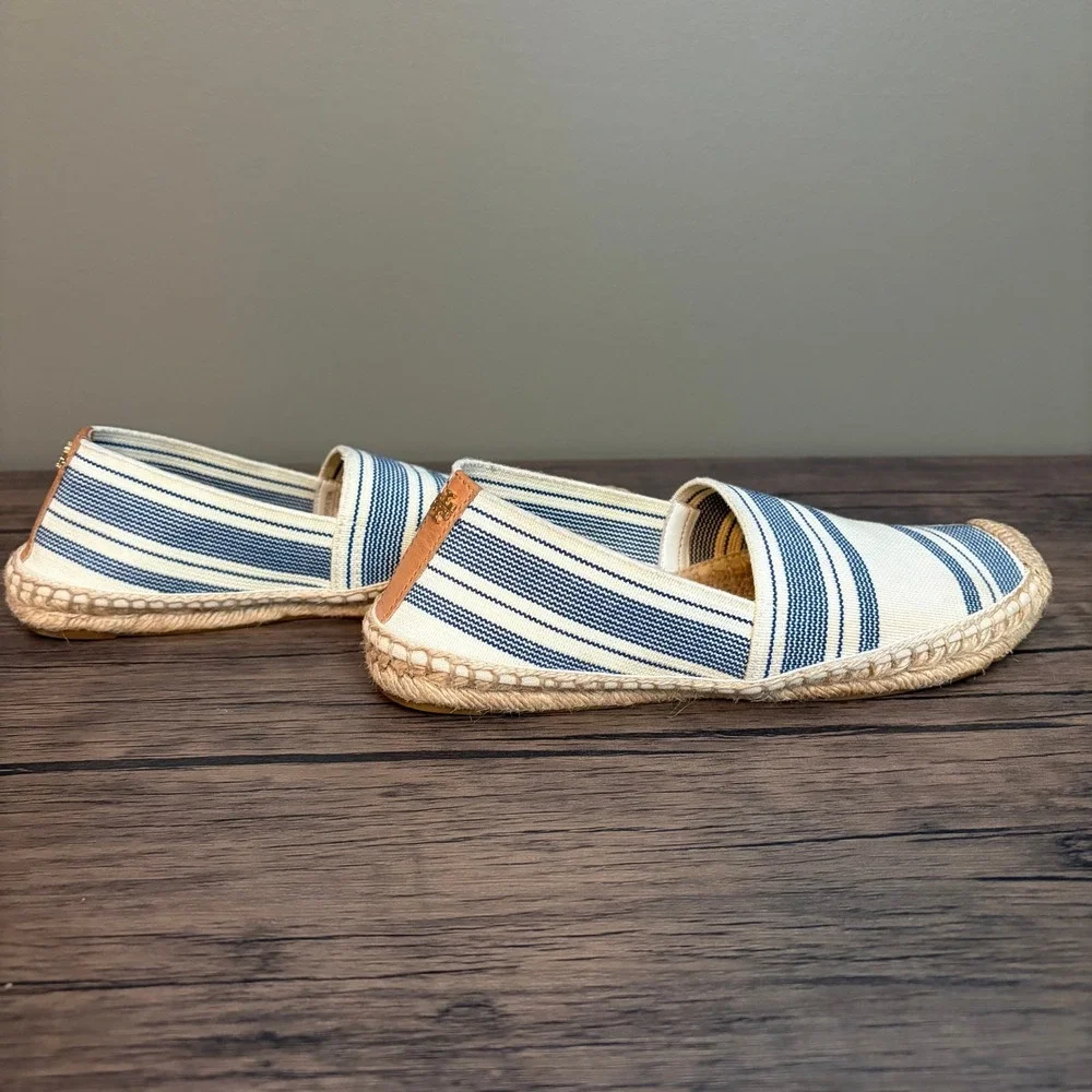 Tory Burch Espadrille Navy White Striped Canvas Braided Jute Sole Womens 7.5